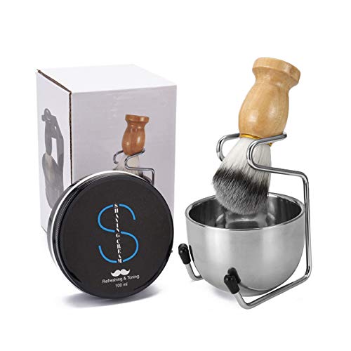 CCbeauty Men Shaving Brush Set, 4 in 1, Soft Smooth & Silky Shaving Cream 3.5 Oz,Badger Hair Shaving Brush, Lathering Bowl & Razor Holder