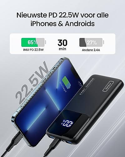 INIU Power Bank, 22.5W 10000mAh Kleine Powerbank, PD3.0 QC4.0 USB C in&out Externe Batterij, Ultra Slim Draagbare Oplader Compatibel met iPhone 16 15 14 13 12 Pro Max Samsung S23 S22 iPad Xiaomi