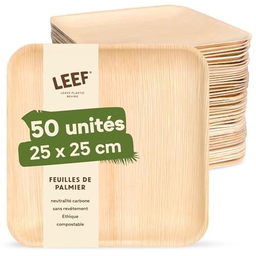 Leef – Assiettes en Feuille de Palmier Carrées – Vaisselle Jetable Compostable et Naturelle – Écologique, Idéal Fête et Traiteur (25 x 25 cm)