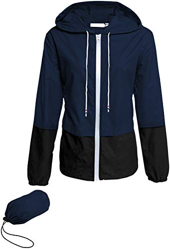 Avoogue Raincoat Women Lightweight Waterproof Rain Jackets Bike Jackets Packable Outdoor Hooded Windbreaker (Navy Blue L)