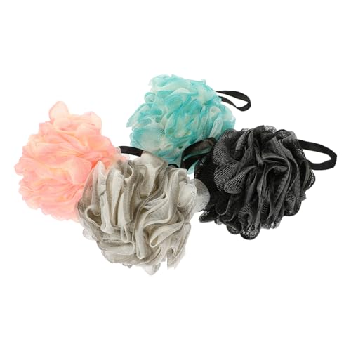Mikikit 4 piezas Esponja de Baño Exfoliante con Lanyard Bola de Malla Suave PE para Limpieza Corporal Profunda y Generación de Verde Gris Negro Rosa