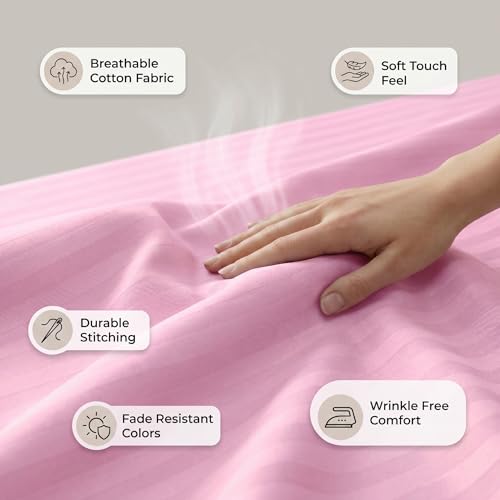 Image of Mafatlal Italian Strip King Size Bed Sheet Cotton with 2 Pillow Covers| 210 TC Pure Cotton Flat Bedsheet Pink | 108 x 108 Inches | Soft & Durable