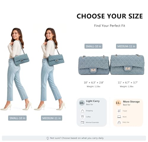 Image of M-ioi-M Quilted Denim Crossbody Bags for Women, Chain Strap Shoulder Bags, Medium Double Flap Purse, Gold Hardware Jean Purse