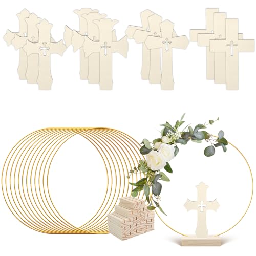 24 Pcs Baptism Centerpiece Decoration for Tables First Communion 12 Standing Wood Crosses for Craft 12 Metal Floral Hoop Centerpiece with Stand for Party Wedding Home Decor