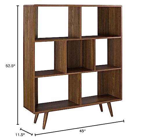 Image of Transmit Mid-Century Offset Cube Wood Bookcase in Walnut Display Space for Books, Photo Frames for Living Room, Study, Home Office, 11.5 inch D X 45 inch W X 52.5 inch H