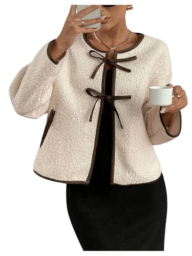 MakeMeChic Women's Fuzzy Fleece Bow Knot Coat Teddy Warm Outerwear Sherpa Jacket