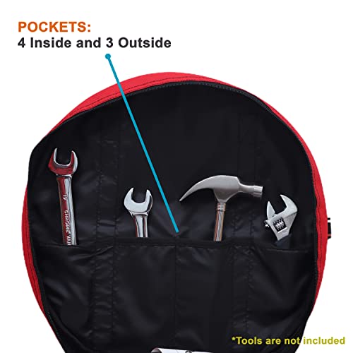 Image of BULL TOOLS EV Charging & Jumper Cable Storage Bag, Organizer 6 Pocket Handmade Carry Bag - 15x15x4 Inch Waterproof Ballistic Polyester Round Bag, Cords, Small Tools, For Motor Vehicles - Red