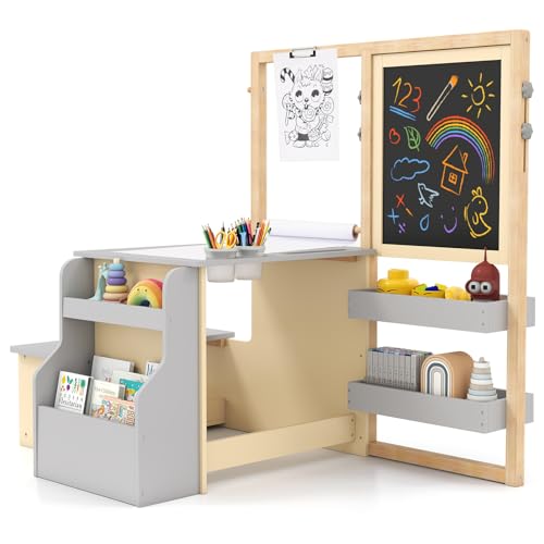 GOPLUS Bureau Enfant Fille Garcon avec Banc, 3 en 1 Tableau Chevalet Enfant Double Face Ajustable, Table de Dessin en Bois avec Rouleau de Papier, Tableau Blanc/Noir,...