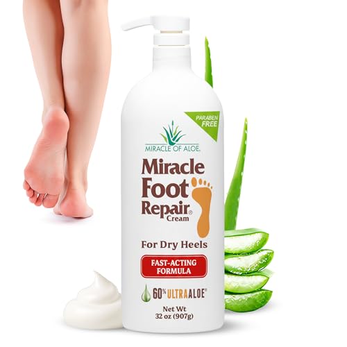 Miracle Foot Repair Cream (32 oz) Repairs Dry Cracked Heels and Feet, 60% Pure UltraAloe Moisturizes, Softens, and Repairs