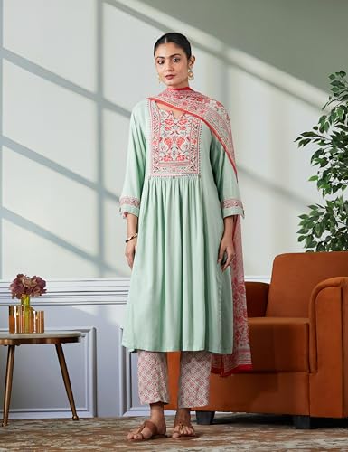 Image of BIBA Women Rayon Viscose Gathered Solid Suit Set