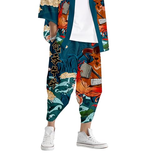 Image of DOSLAVIDA Men's Japanese Kimono Jacket Set Stylish Open Front Coat With Shorts Chinese Style Printed Cardigan Suit