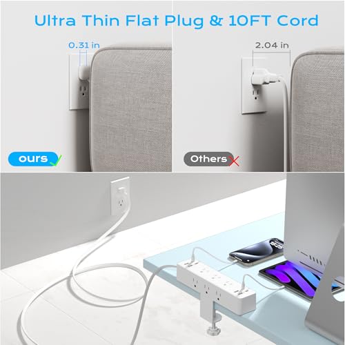 Image of Flat Plug Desk Clamp Power Strip 10FT, 40W Total Fast Charging Station, 2 PD20W USB C Ports, Desk Edge Mount Power Strip 9 AC Outlets 8 USB Ports Surge Protector, Fit 1.7 inch Tabletop Edge, White