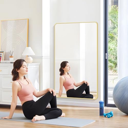 Image of 55 inchx30 inch Gold Bathroom Mirror, Large Rectangle Mirror, Rectangular Wall Mirror, Rounded Corner Vanity Mirror with Aluminum Metal Frame for Bathroom Bedroom Living Room Horizontal /Vertical