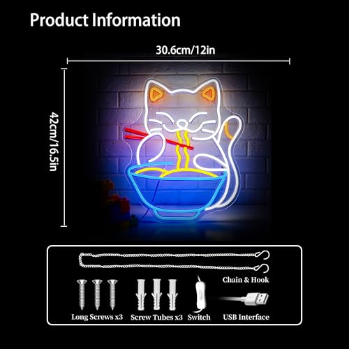 Image of Cat Ramen Neon Sign for Wall Decor Led Neon Lights Cat Ramen Light Up Signs for Birthday Party Club Gift