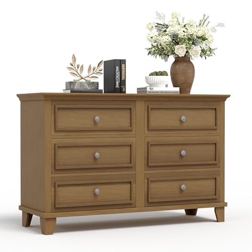 GarveeHome Farmhouse Brown Dresser for Bedroom with 6 Drawer, Double Dresser TV Stand with Vintage Handle, Wide Wood Dressers & Chests of Drawers, 6 D