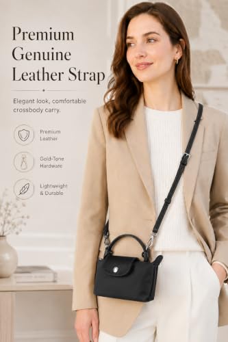 Image of Purse Organizer Insert & Leather Strap Conversion Kit Set, Compatible with Longchamp Le Pliage Mini Bag - Felt Inner Liner & Adjustable Shoulder Strap, Beige Insert & Black Strap