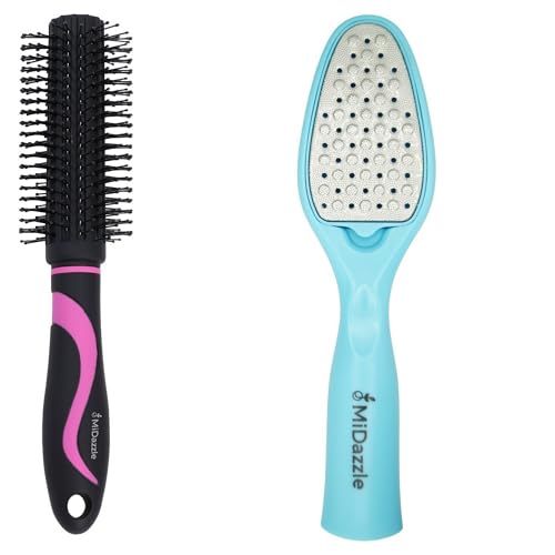 Image of Midazzle Premium Round Hair Brush with Foot Scrubber, Black and Pink Design, Set of 2