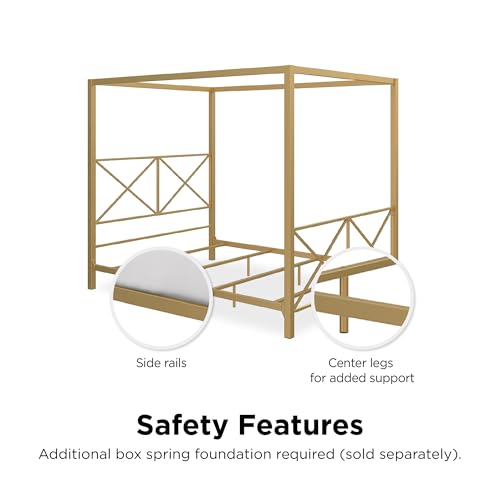 DHP Rosedale Metal Canopy Bed Frame with Four Poster Design and Geometric Accented Headboard and Footboard, Underbed Storage Space, Queen, Gold