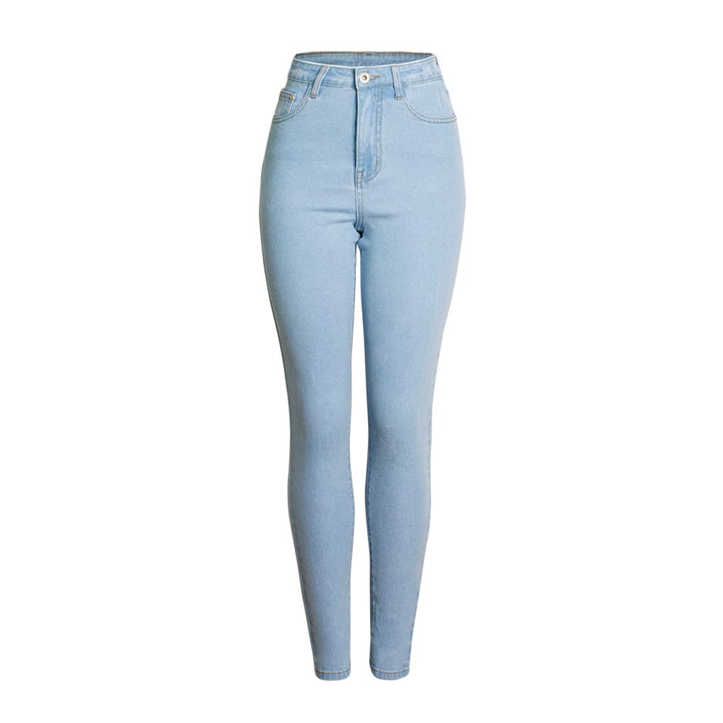 Dninmim Pantalones de mezclilla ajustados de cintura alta para mujer, color azul claro, para primavera y otoño
