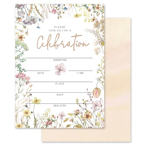 Whaline 25 Sets Wildflower Invitations with Envelopes Stickers 5 x 7 Inch Spring Watercolor Floral Invitation Cards Blank Invites for Wedding Reception Bridal Baby Shower Birthday Dinner Party