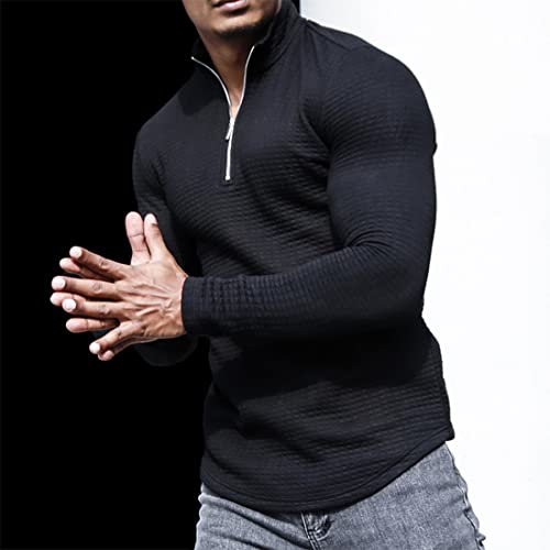Blackteak Men's Solid Color Sweatshirts Long Sleeve Stand Collar Soft Shirts Quarter Zip Waffle Pullover Men(Black,Large) #TOP1