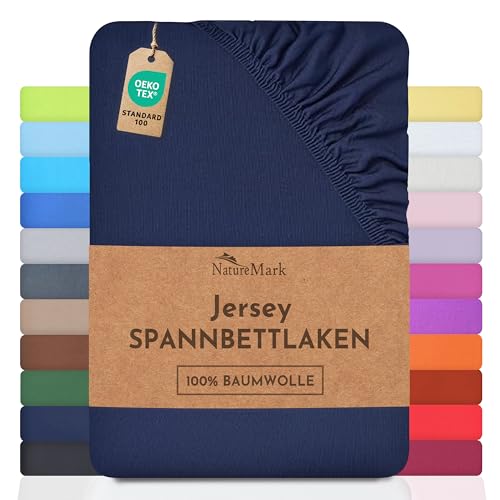 NatureMark Jersey Spannbettlaken, Spannbetttuch 100% Baumwolle in vielen Größen und Farben MARKENQUALITÄT ÖKOTEX Standard 100 | 180 x 200 cm - 200 x 200 cm - Navy blau
