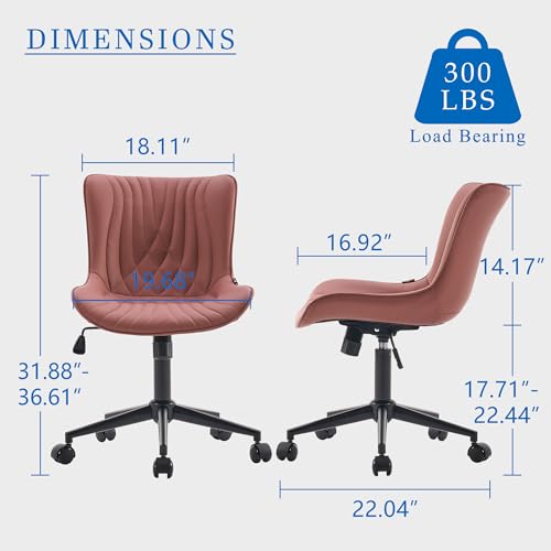 Image of YOUNIKE Office Chair, Armless Desk Chair with Wheels, Adjustable Swivel Home Office Computer Task Chairs, Modern Faux Leather Upholstered Vanity Chair with Back, Dusty Rose