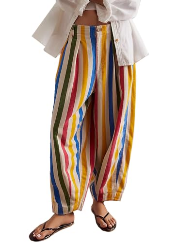 Kedera Women Rainbow Stripe Barrel Pants Casual Wide Leg Baggy Pants Mid Waist Boyfriend Y2k Trousers