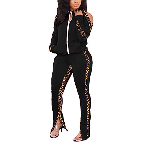 Women 2 Piece Tracksuit Set - Casual Leopard Print Sweat Suit Long Sleeve Striped Zipper Jacket + Jogger Pants Lounge Set Black Medium #TOP25