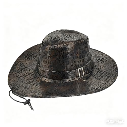 Image of Womens Western Cowboy Hat，Roll Up Cowgirl Hats，Wide Brim Fedoras Hat with Belt Buckle
