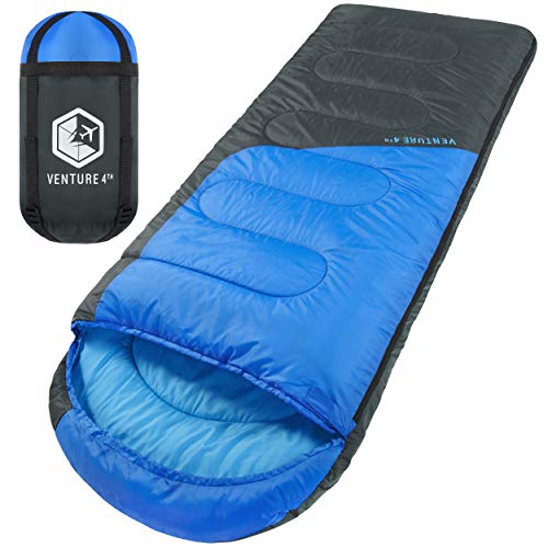 Venture 4Th 3-Season Sleeping Bag, Single, Regular Size - Lightweight, Comfortable, Water Resistant Backpacking Sleeping Bag For Adults & Kids - Ideal For Hiking, Camping & Outdoor – Blue/Gray #TOP7