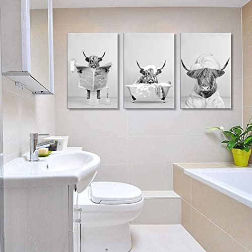 Framed 3Pcs Black And White Highland Cow Wall Art Bathroom Decor Canva Poster Printing Canvas Artwork Living Room Apartment Bedroom Bathroom Office Hotel 12X16Inch Ready To Hang #TOP4