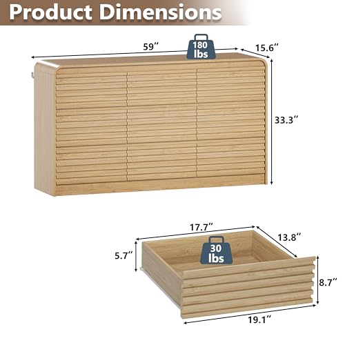 Image of 9 Drawer Dresser for Bedroom,59 inch Wide Fluted Dresser with Curved Edge and Ergonomic Handleless, Large Wooden Clothes Storage Organizer, Modern Chest of Drawers for Closet, Living Room, Natural Wood