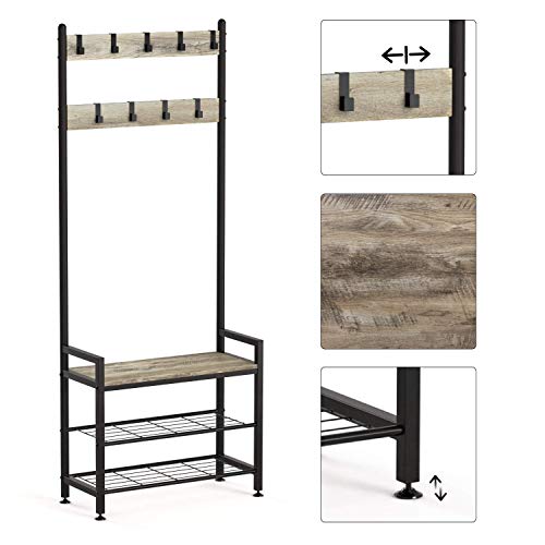 Ballucci Coat Stand, Shoe Rack Bench With 9 Adjustable Metal Hooks, Entryway Hall Tree Storage Shelf Organizer, Wood With Black Steel Frame - Rustic Gray #TOP3