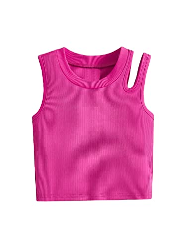 Wdirara Toddler Girl's Cut Out Asymmetrical Round Neck Sleeveless Rib Knit Tank Top Hot Pink 5Y #TOP20