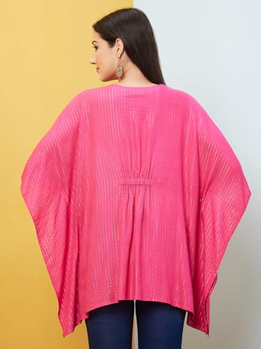 Image of Globus Women Striped Mirror Work V- Neck Pure Cotton Kaftan Tunic