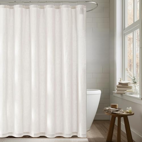 NICETOWN White Linen Shower Curtain 72 Inches Length, Light Filtering Waterproof Privacy Modern Style Bathroom Bathtub Washable Curtains with 12 Rustproof Metal Hooks, 72x72 Inch, 1 Panel