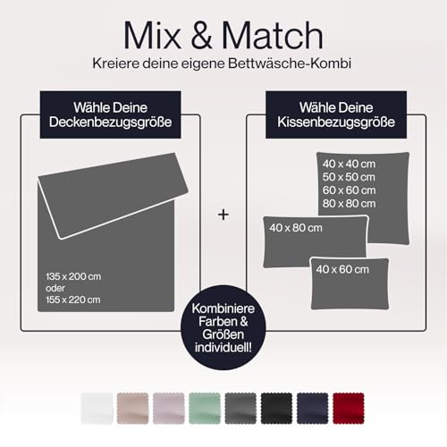 Blumtal Mako Satin Bettwäsche 200x220 Set & 2x 80x80 cm Kissenbezug Anthrazit - Oeko Tex Zertifizierte Satin Bettwäsche aus 100% Baumwolle… – Ansicht 2