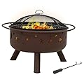Sunnydaze Cosmic Outdoor Fire Pit Set with Cooking Grill and Spark Screen, Patio Wood Burning Round Firepit Bowl, 30 Inch