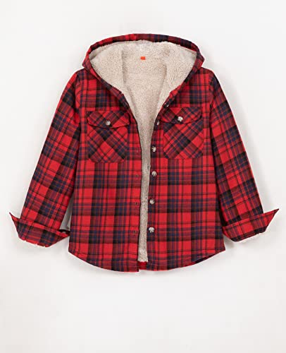 Image of ZENTHACE Boys Sherpa Fleece Lined Flannel Plaid Button Down Shirt Jacket,Hooded Flannel Shirt with Hand Pockets