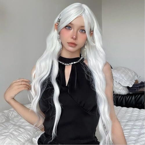 Perruque synthétique longue ondulée blanche pour cosplay et fête d'Halloween