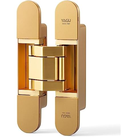 YAGU 3 Way Adjustable Invisible Door Hinge Concealed Hidden 180 Degree Swing Hinge Zinc Alloy Butt Hinge 6.5 * 3.2 * 1.1 Inch, Matte Gold(1 Piece) Cover