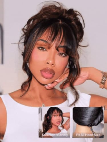 Image of Beauty Forever HD Lace Wear & Go Glueless Human Hair Wig Body Wave, 13x4 Pre Cut Pre Plucked Lace Front Wig with Curtain Bangs, Balayage Highlight, Beginner Friendly 22 inch