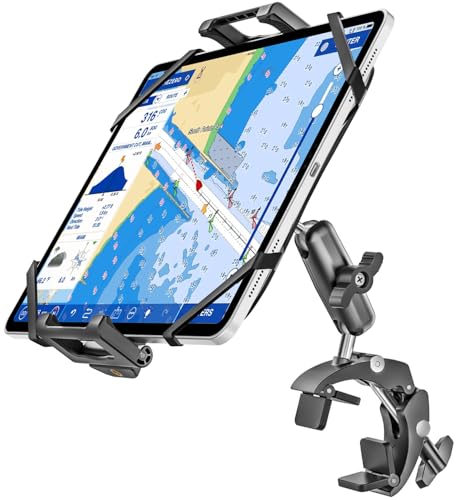 woleyi Aluminum Boat Helm Tablet Mount - [Large Clamp ] [Thick Case Friendly] Marine Tablet Holder Straps, Handle Bar Pole Clip for Boat Rail, for iPad Pro Air Mini, Galaxy Tab, iPhone, 6-15.6" Device