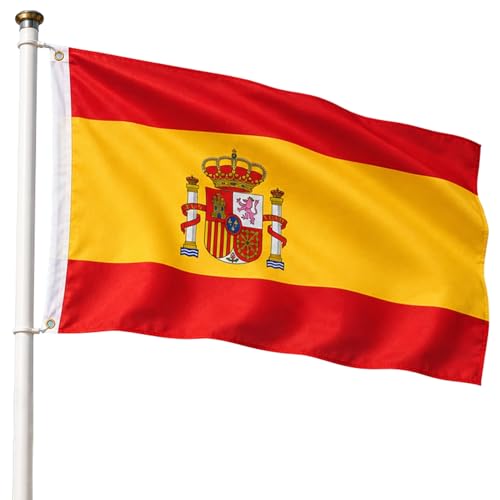 Bandera España 90x150cm, Bandera Española con 2 Ojales de Latón, Spain flag, Bandera Copa del Mundo, Bandera de País para exterior, Material Poliéster, Resistente al viento y lluvia