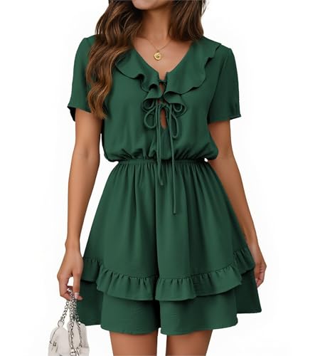 Image of Angashion Womens Tie Front Mini Dress V-Neck Ruffle Hem Summer Pockets
