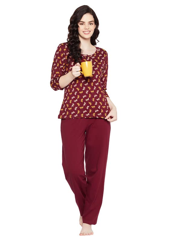 Image of Clovia Women's Cotton Butterfly Print Top & Solid Pajama Set