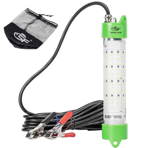 SF LED Underwater Fishing Light 100W Fish Attracting Light 13000lm Green Fishing Light Submersible for Dock and Boats IP68 Waterproof 18ft with only Battery Clips to Provide Power