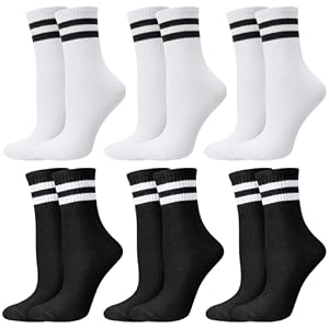 Utensilsto 6 Paar Tennissocken Herren Damen 43-46, Sportsocken mit Streifen Baumwolle Sport Crew Socken Laufsocken für Männer Frauen Lauf Tennis Sport Freizeit Alltag (Schwarz Weiß)