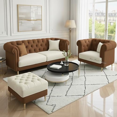 Image of Modern Classic 5 Seater Sofa Set Couch Fabric & Valvet Tufted 3+1+1Chesterfield Sofa Living Room and Office (Brown & Beige 3+1 and Footrest) | Premium Material